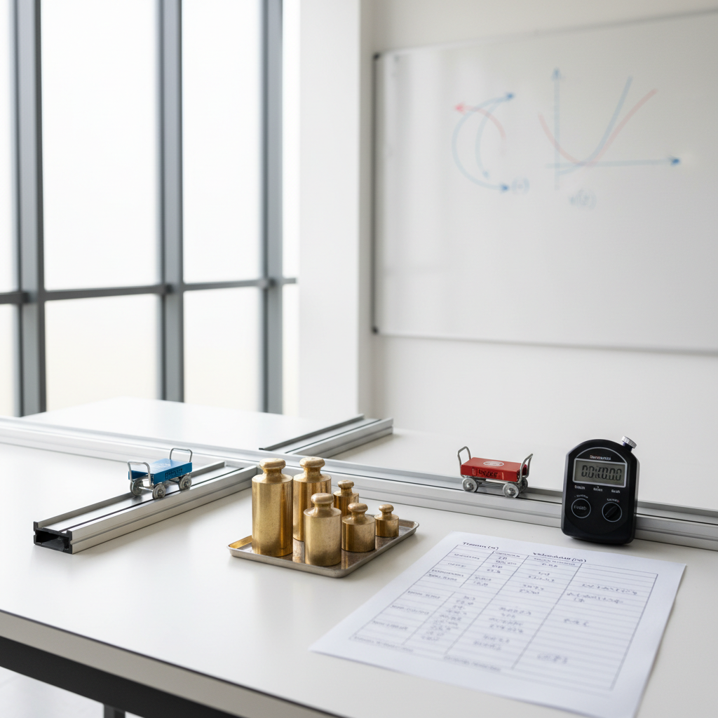 A pristine white physics lab table with a carefully arranged set of classic mechanics equipment: a low-friction dynamics track, two small metal carts with colored stickers, precision weights, and a digital stopwatch resting beside a neatly printed data table in Spanish. Behind the table, a large, matte whiteboard shows softly blurred vector arrows and motion graphs sketched in blue and red marker. Bright, diffused daylight from tall side windows creates soft, shadowless lighting with subtle metallic reflections on the track. Photographic realism, shot from a slightly elevated angle with sharp focus across the entire setup. The atmosphere is clear, methodical, and professional, ideal for illustrating kinematics and Newton’s laws in a modern secondary-school context.